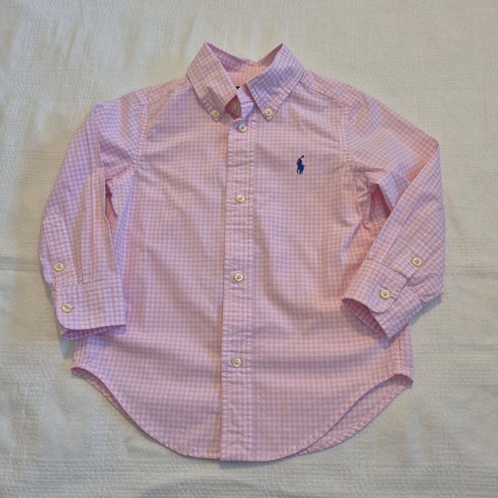 Ralph Lauren boys size 2T pink & white gingham long sleeve shirt VGUC